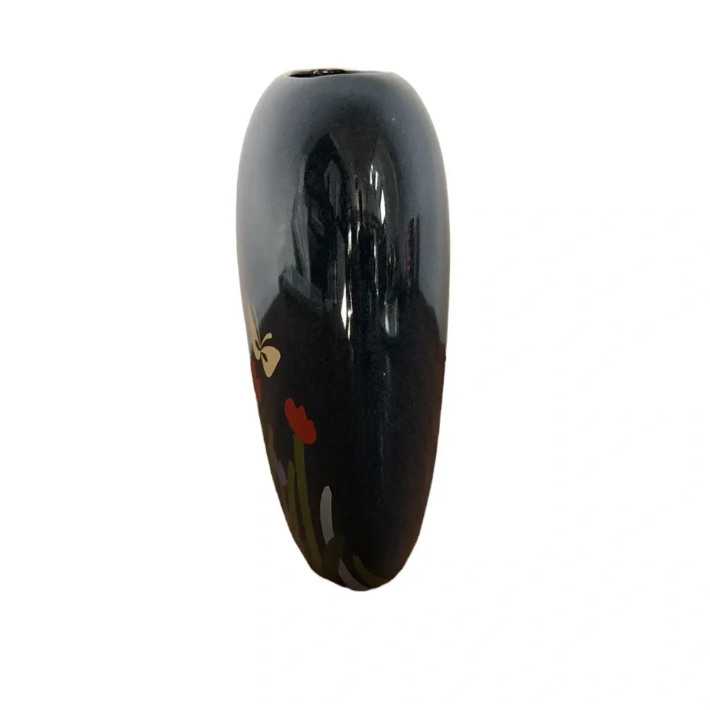 Vintage 80s Otagiri Flat Oval Round Vase Primary colors Tulips butterflies